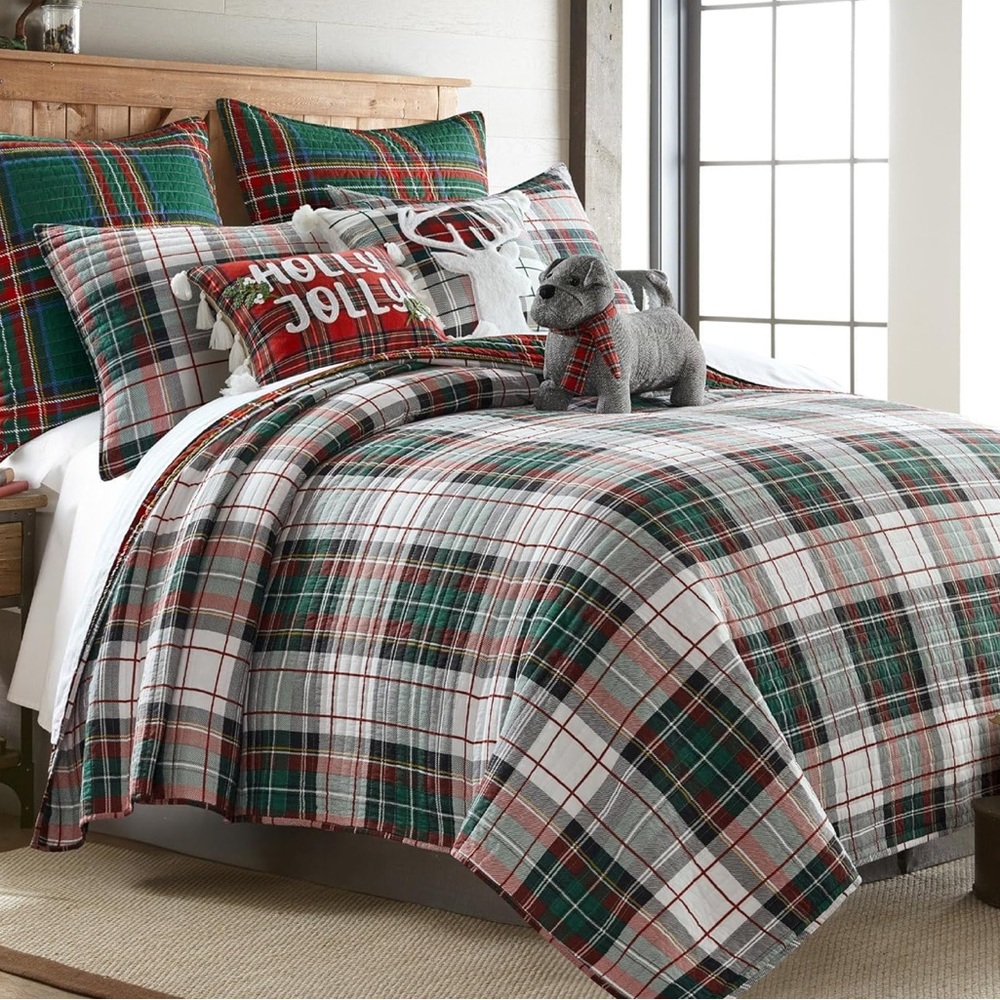 🆕 PB Style Christmas Tartan Plaid Quilt Stewart Print in King Bedding SET shams
